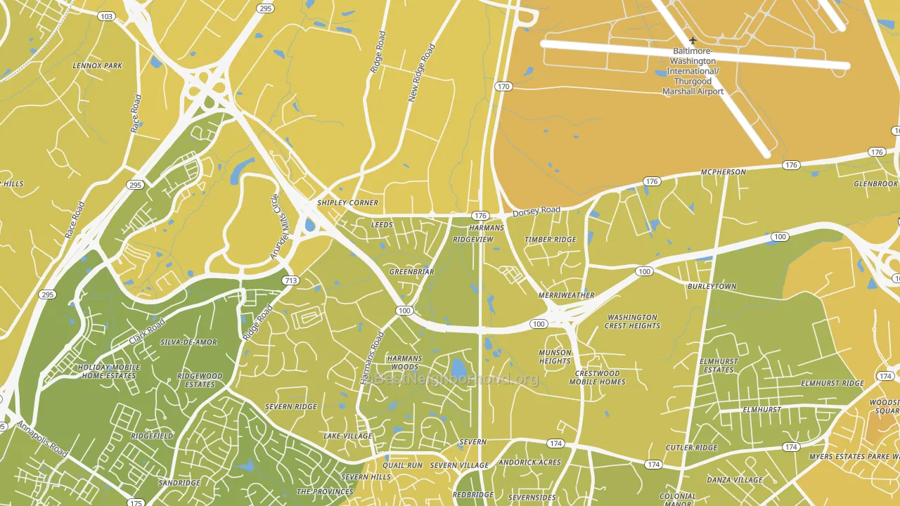 Map of the best neighborhoods in the Harmans area, with better matches in green and worse matches in red