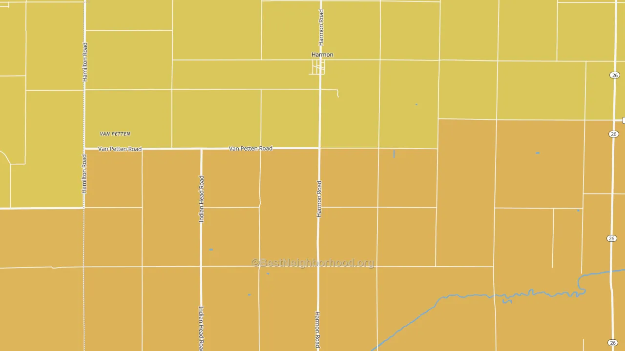 Map of the best neighborhoods in the Harmon area, with better matches in green and worse matches in red