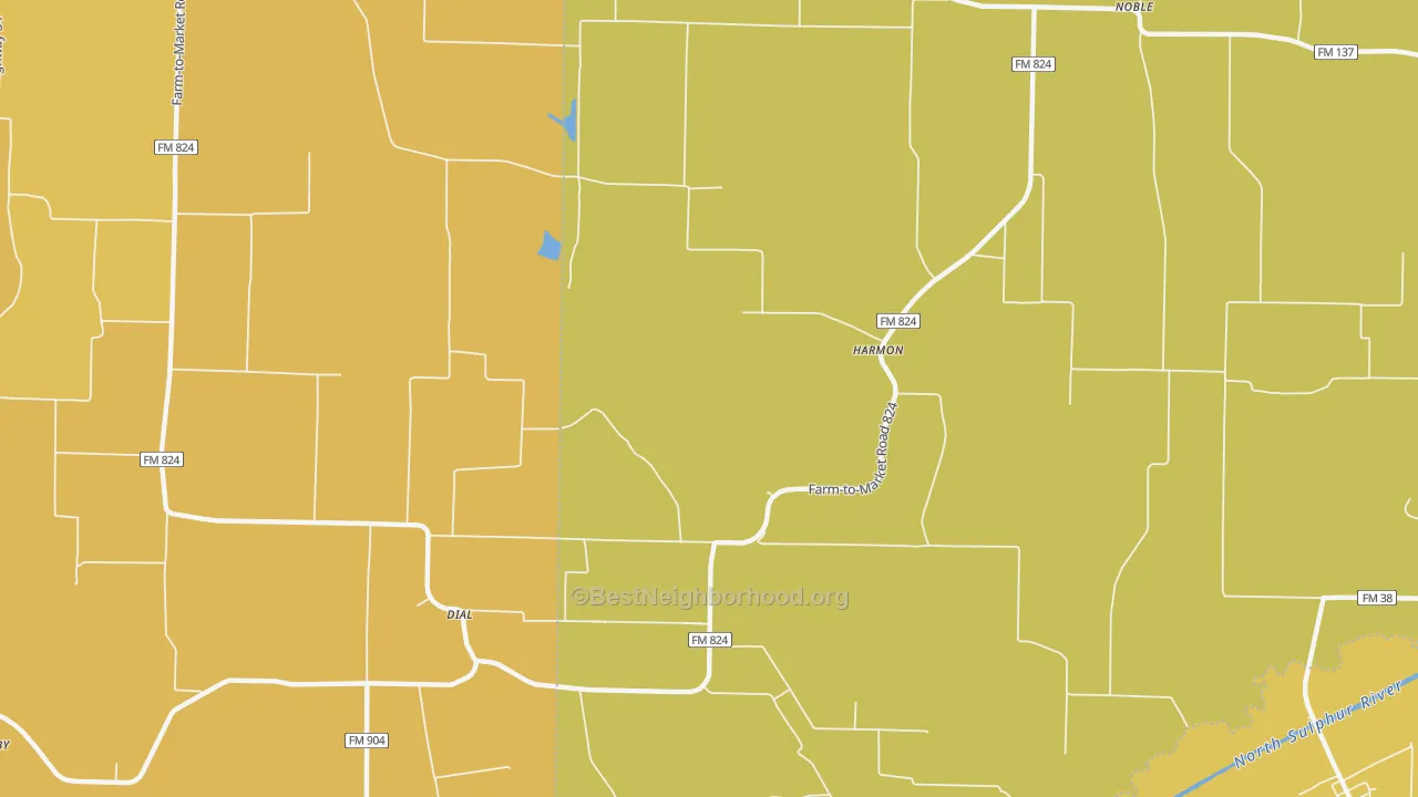 Map of the best neighborhoods in the Harmon area, with better matches in green and worse matches in red