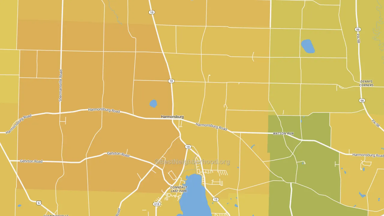 Map of the best neighborhoods in the Harmonsburg area, with better matches in green and worse matches in red