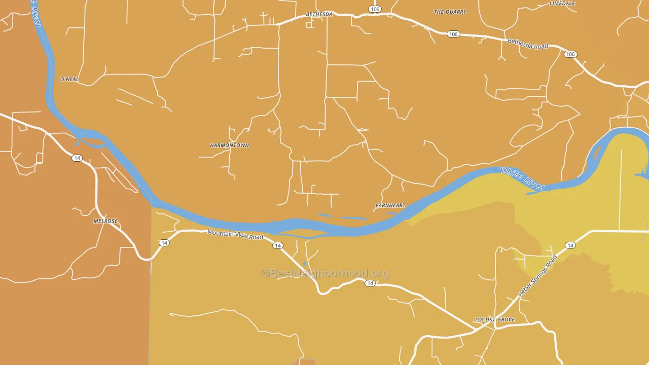 Map of the best neighborhoods in the Harmontown area, with better matches in green and worse matches in red