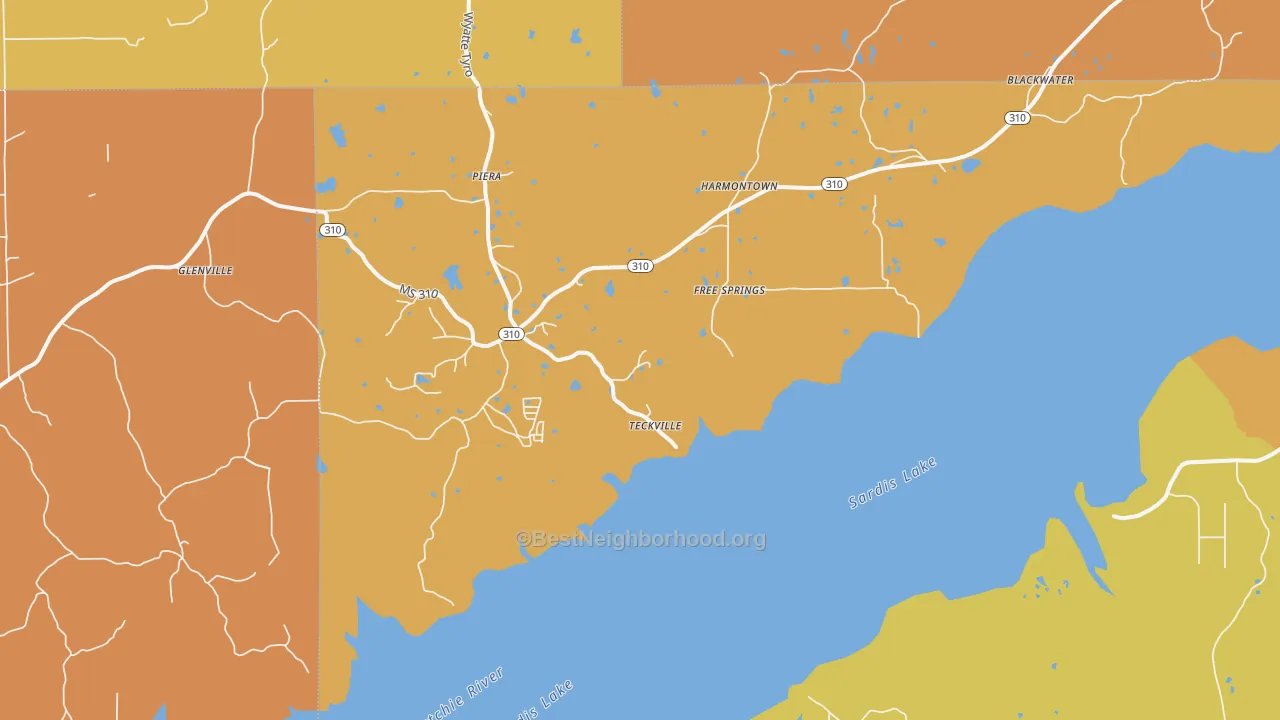 Map of the best neighborhoods in the Harmontown area, with better matches in green and worse matches in red