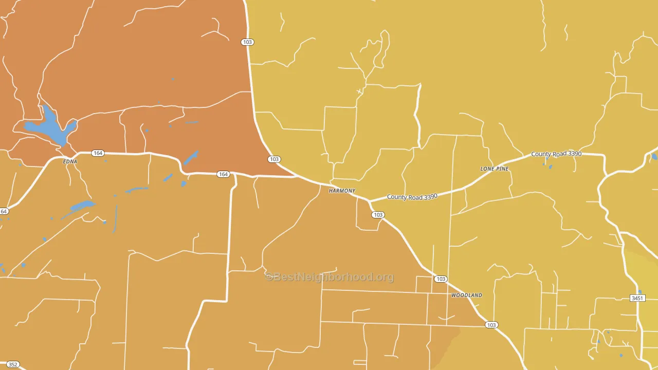 Map of the best neighborhoods in the Harmony area, with better matches in green and worse matches in red