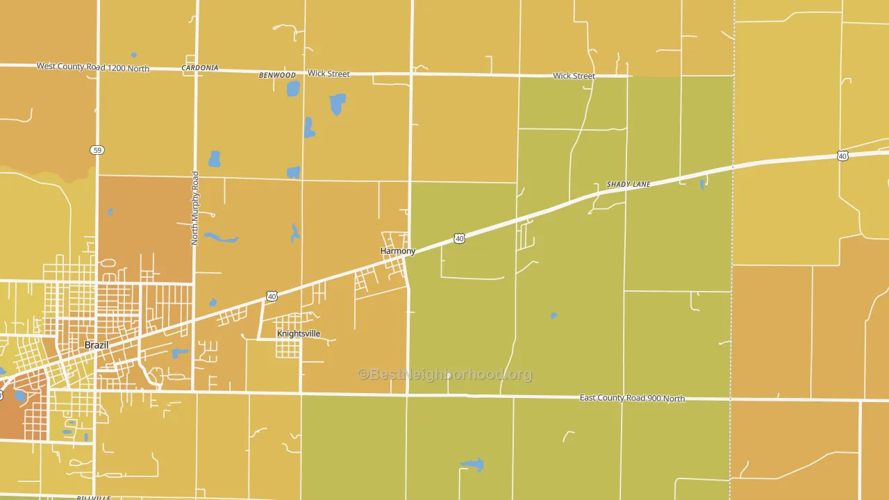 Map of the best neighborhoods in the Harmony area, with better matches in green and worse matches in red