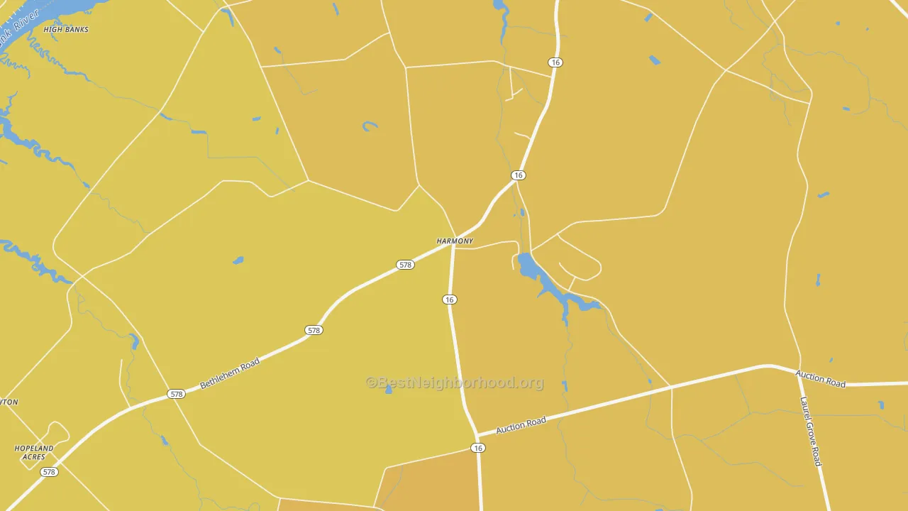 Map of the best neighborhoods in the Harmony area, with better matches in green and worse matches in red