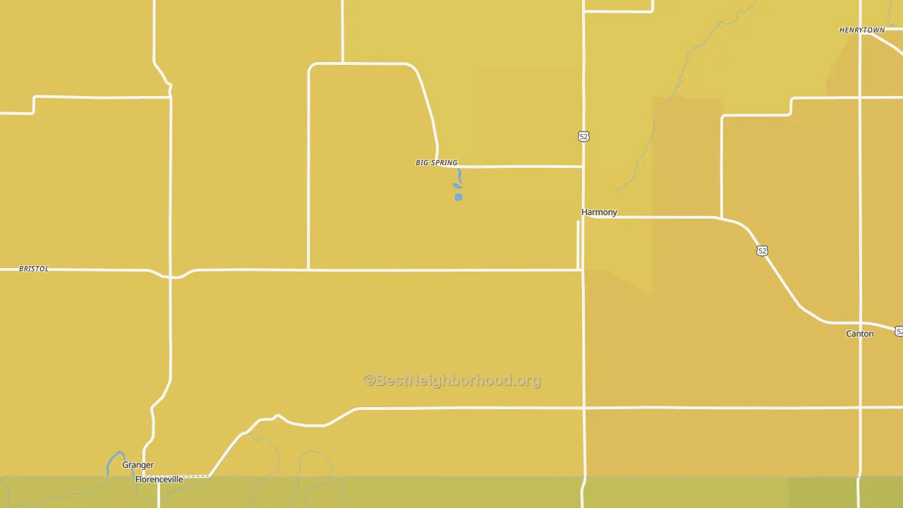 Map of the best neighborhoods in the Harmony area, with better matches in green and worse matches in red