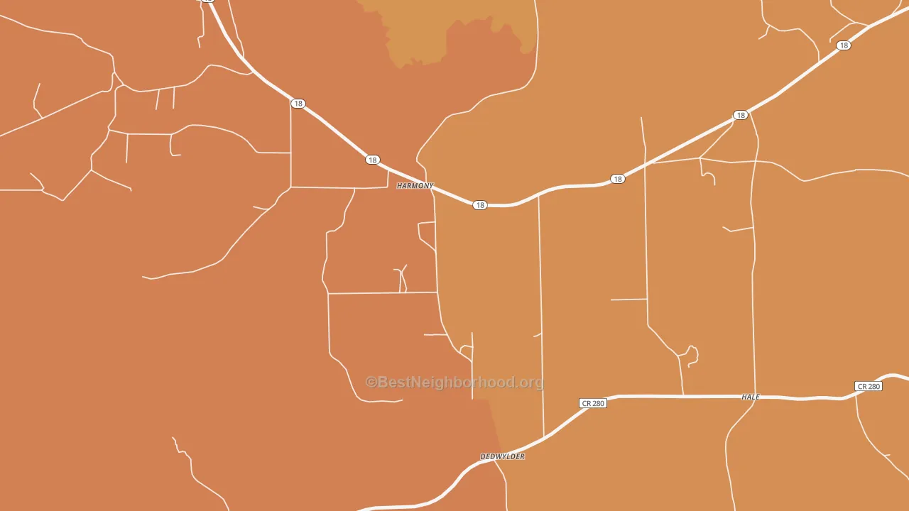 Map of the best neighborhoods in the Harmony area, with better matches in green and worse matches in red