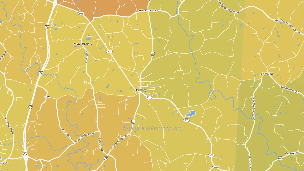 Map of the best neighborhoods in the Harmony area, with better matches in green and worse matches in red