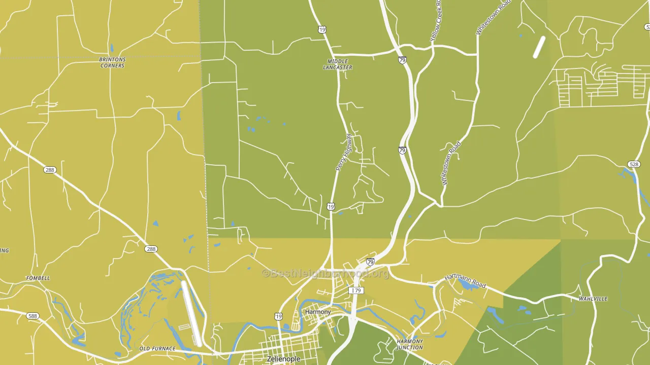 Map of the best neighborhoods in the Harmony area, with better matches in green and worse matches in red