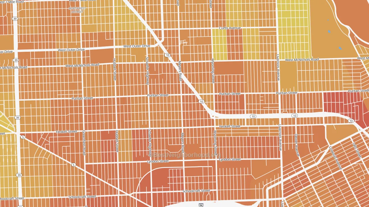 Map of the best neighborhoods in the Harmony Village, Detroit area, with better matches in green and worse matches in red