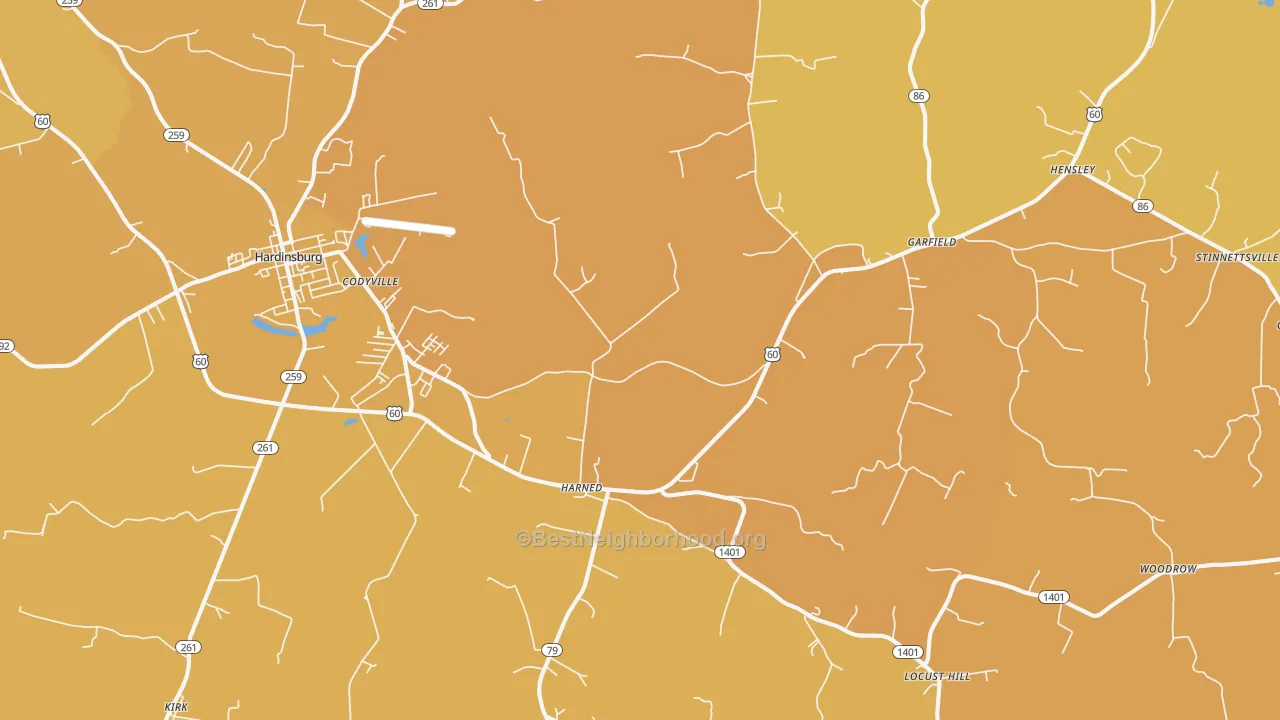 Map of the best neighborhoods in the Harned area, with better matches in green and worse matches in red