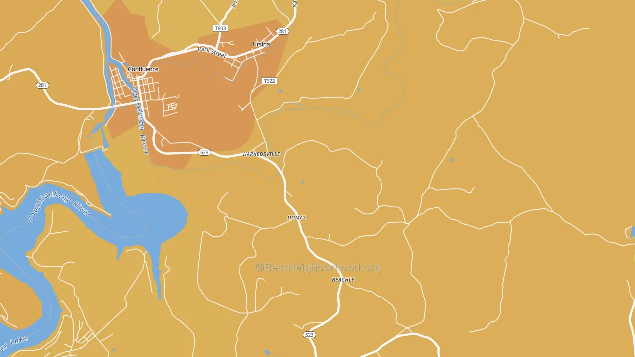 Map of the best neighborhoods in the Harnedsville area, with better matches in green and worse matches in red