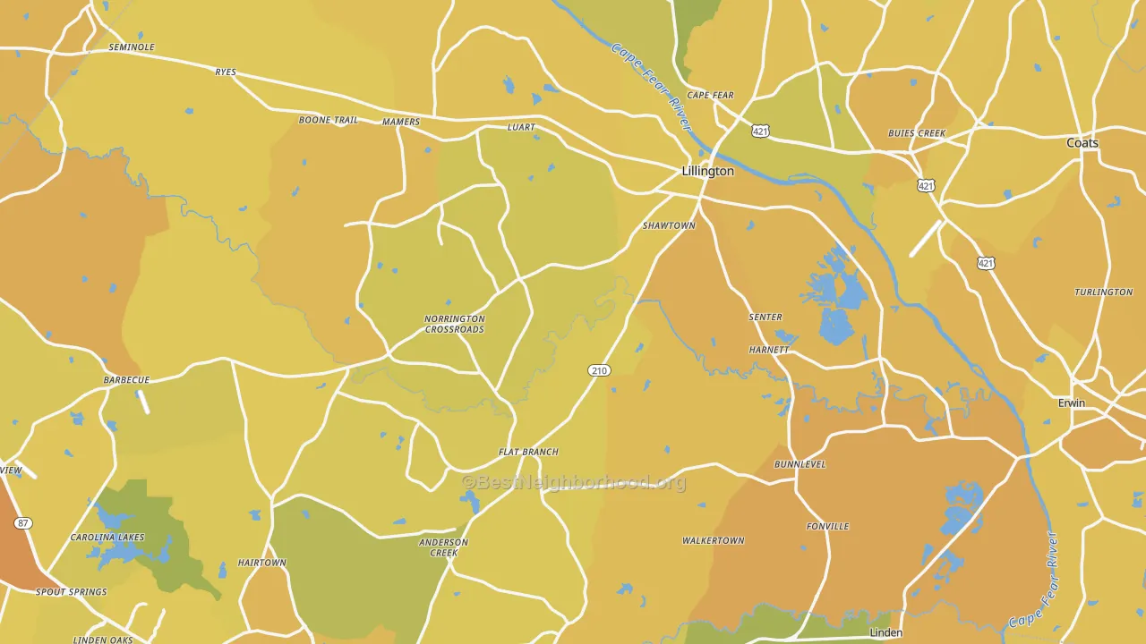 Map of the best neighborhoods in the Harnett County area, with better matches in green and worse matches in red