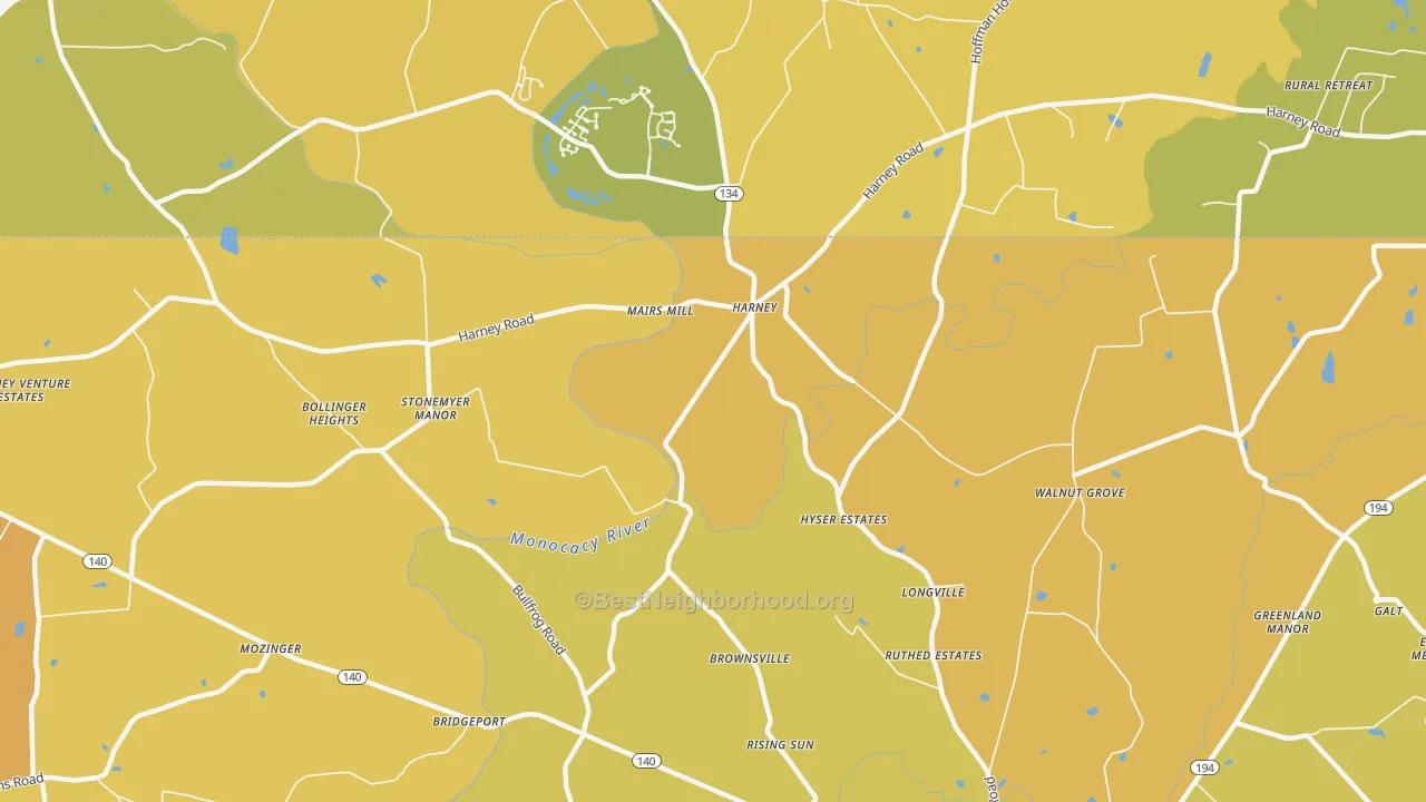 Map of the best neighborhoods in the Harney area, with better matches in green and worse matches in red