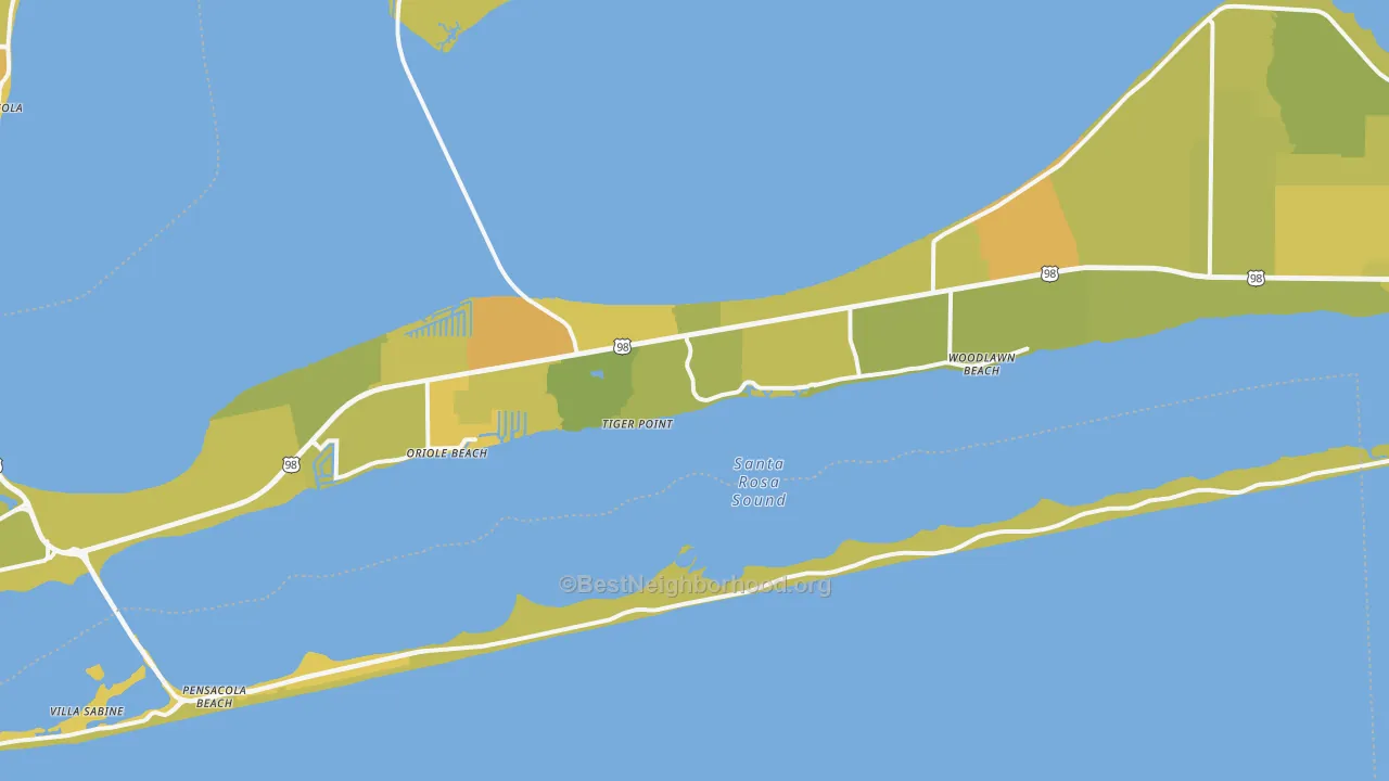 Map of the best neighborhoods in the Harold area, with better matches in green and worse matches in red