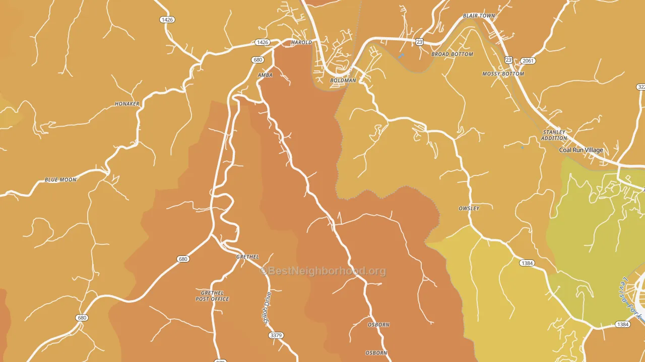 Map of the best neighborhoods in the Harold area, with better matches in green and worse matches in red