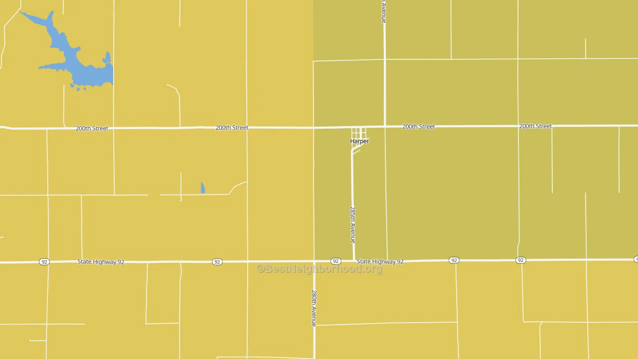 Map of the best neighborhoods in the Harper area, with better matches in green and worse matches in red