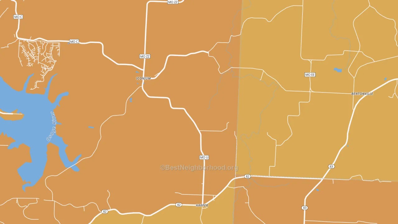Map of the best neighborhoods in the Harper area, with better matches in green and worse matches in red