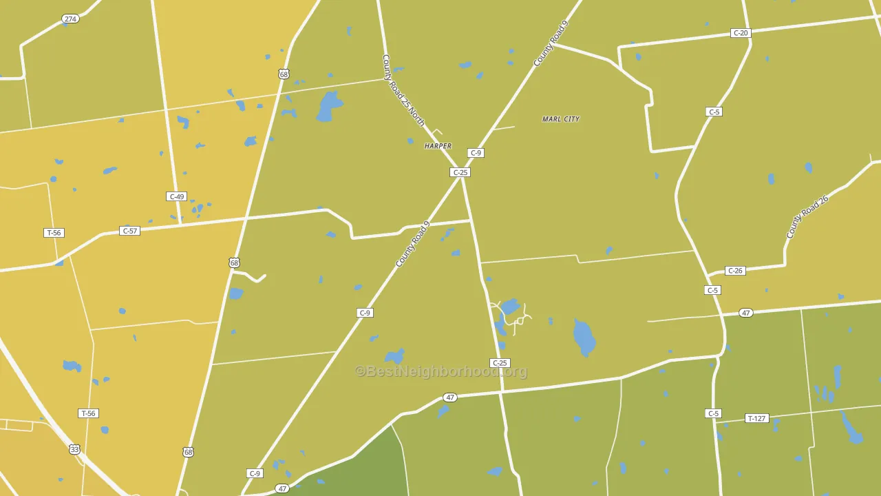 Map of the best neighborhoods in the Harper area, with better matches in green and worse matches in red