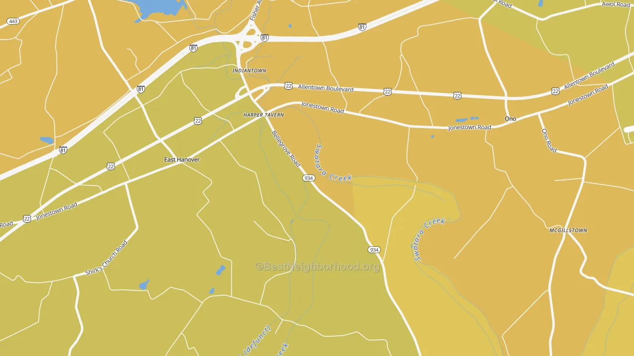 Map of the best neighborhoods in the Harper Tavern area, with better matches in green and worse matches in red