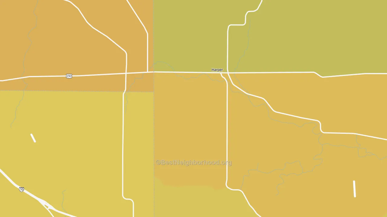Map of the best neighborhoods in the Harper area, with better matches in green and worse matches in red