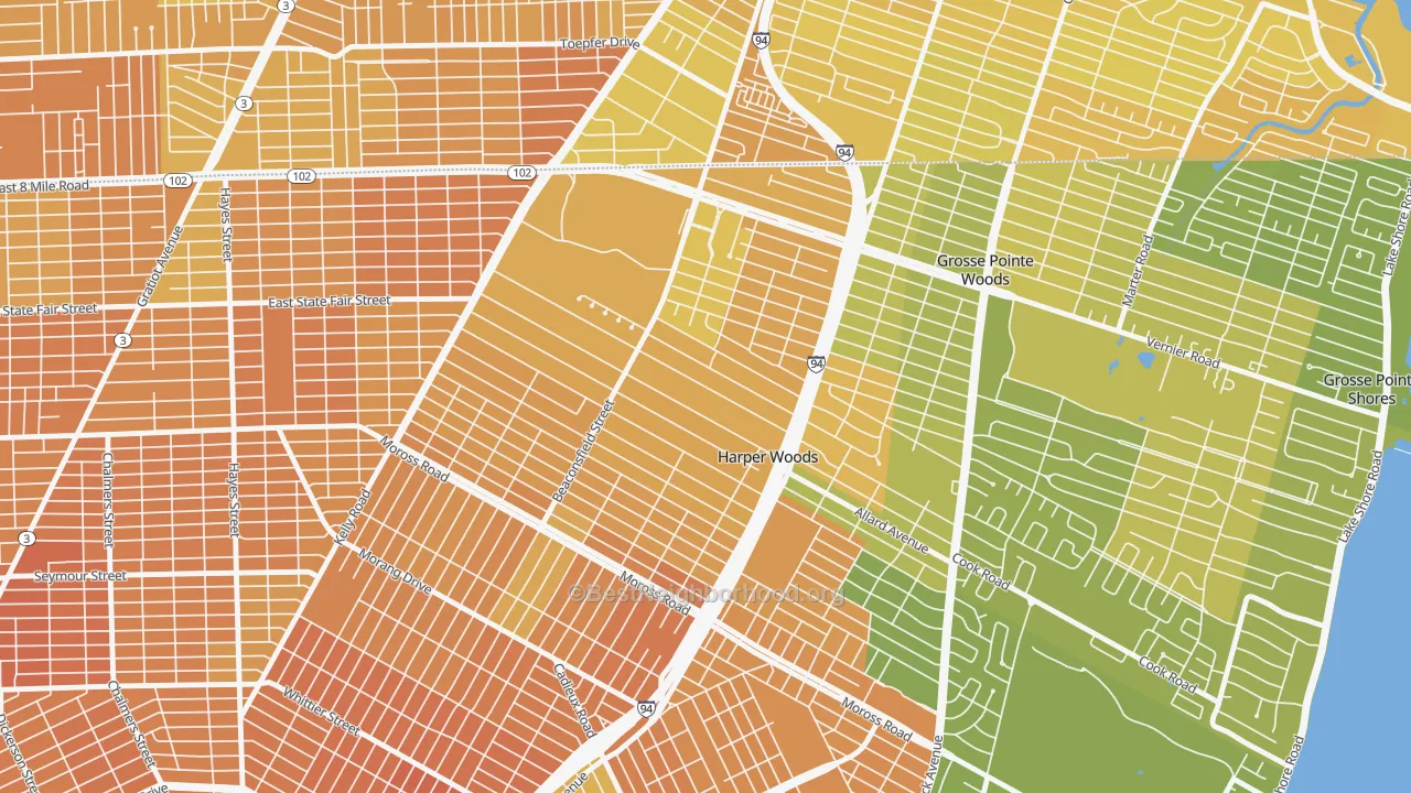 Map of the best neighborhoods in the Harper Woods area, with better matches in green and worse matches in red