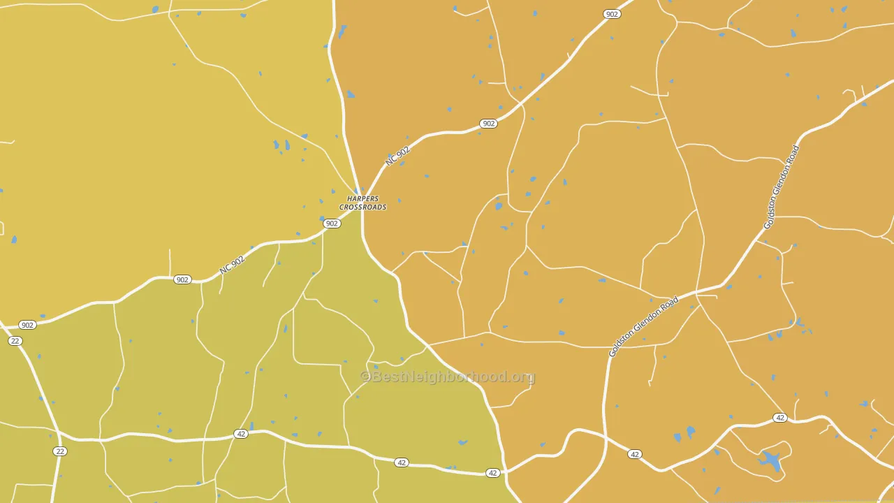 Map of the best neighborhoods in the Harpers Crossroads area, with better matches in green and worse matches in red