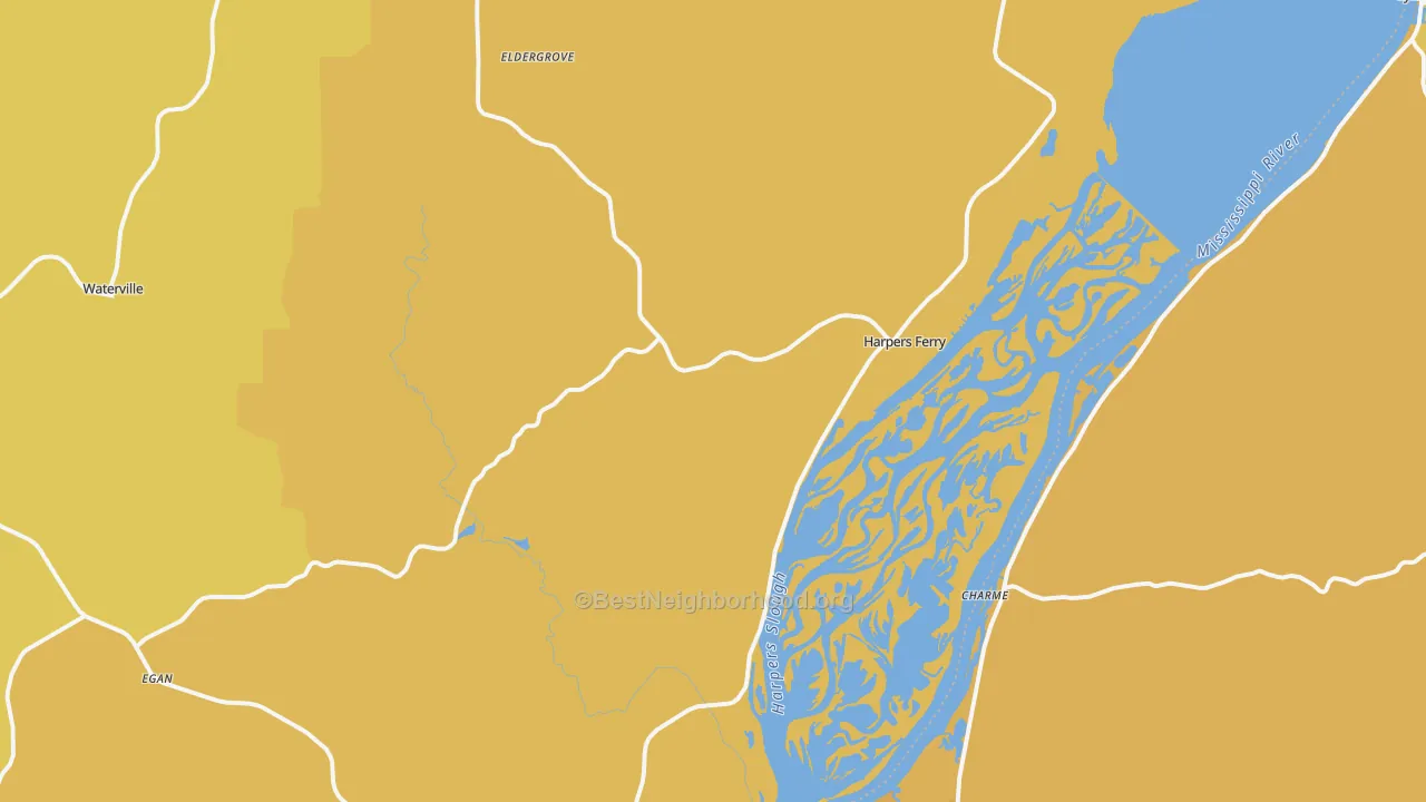 Map of the best neighborhoods in the Harpers Ferry area, with better matches in green and worse matches in red