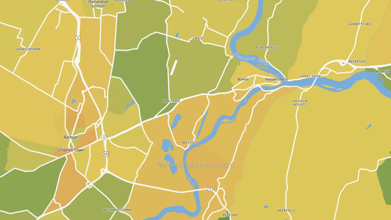 Map of the best neighborhoods in the Harpers Ferry area, with better matches in green and worse matches in red