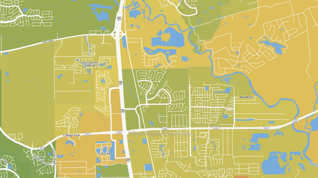 Map of the best neighborhoods in the Harper's Landing, Conroe area, with better matches in green and worse matches in red