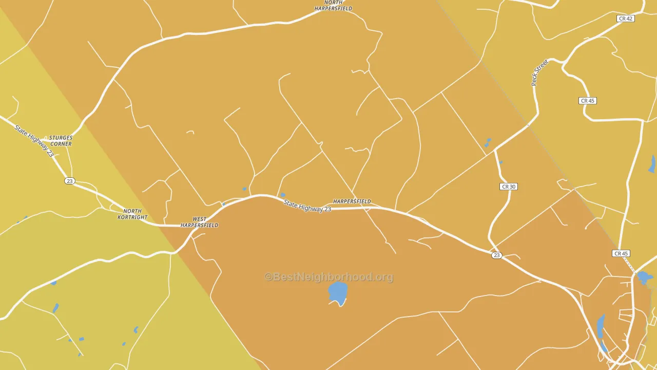 Map of the best neighborhoods in the Harpersfield area, with better matches in green and worse matches in red