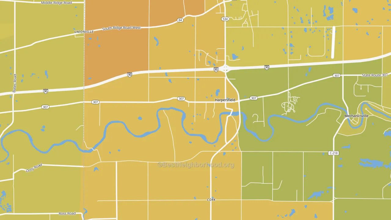 Map of the best neighborhoods in the Harpersfield area, with better matches in green and worse matches in red