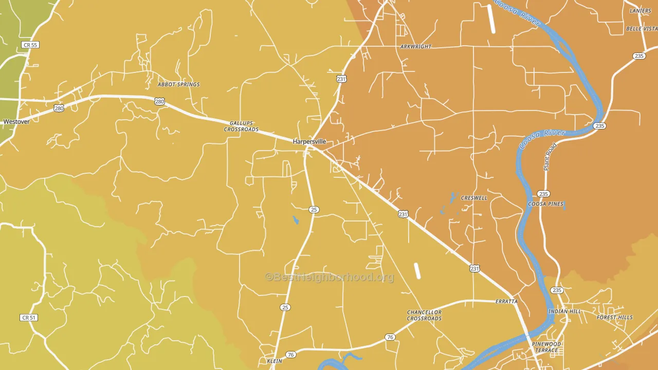 Map of the best neighborhoods in the Harpersville area, with better matches in green and worse matches in red