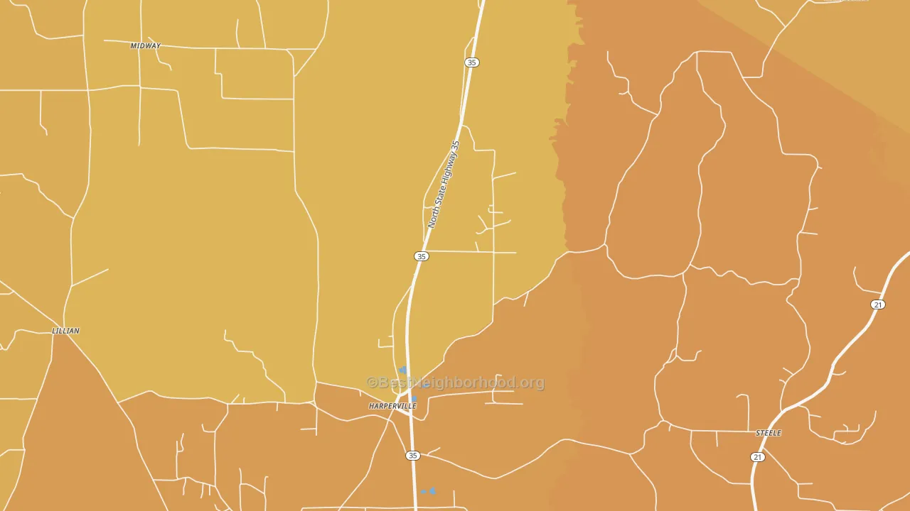 Map of the best neighborhoods in the Harperville area, with better matches in green and worse matches in red