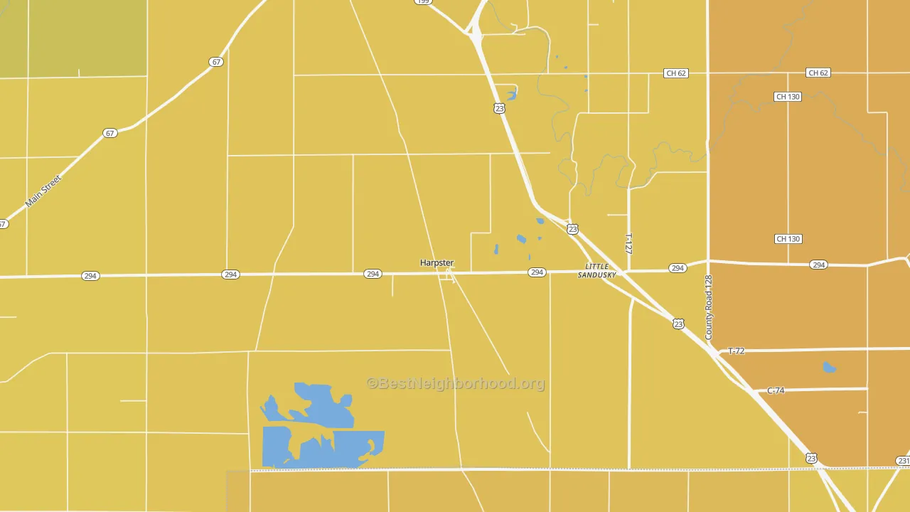 Map of the best neighborhoods in the Harpster area, with better matches in green and worse matches in red
