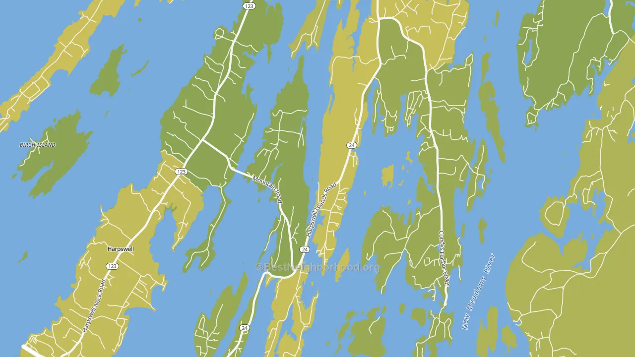 Map of the best neighborhoods in the Harpswell area, with better matches in green and worse matches in red