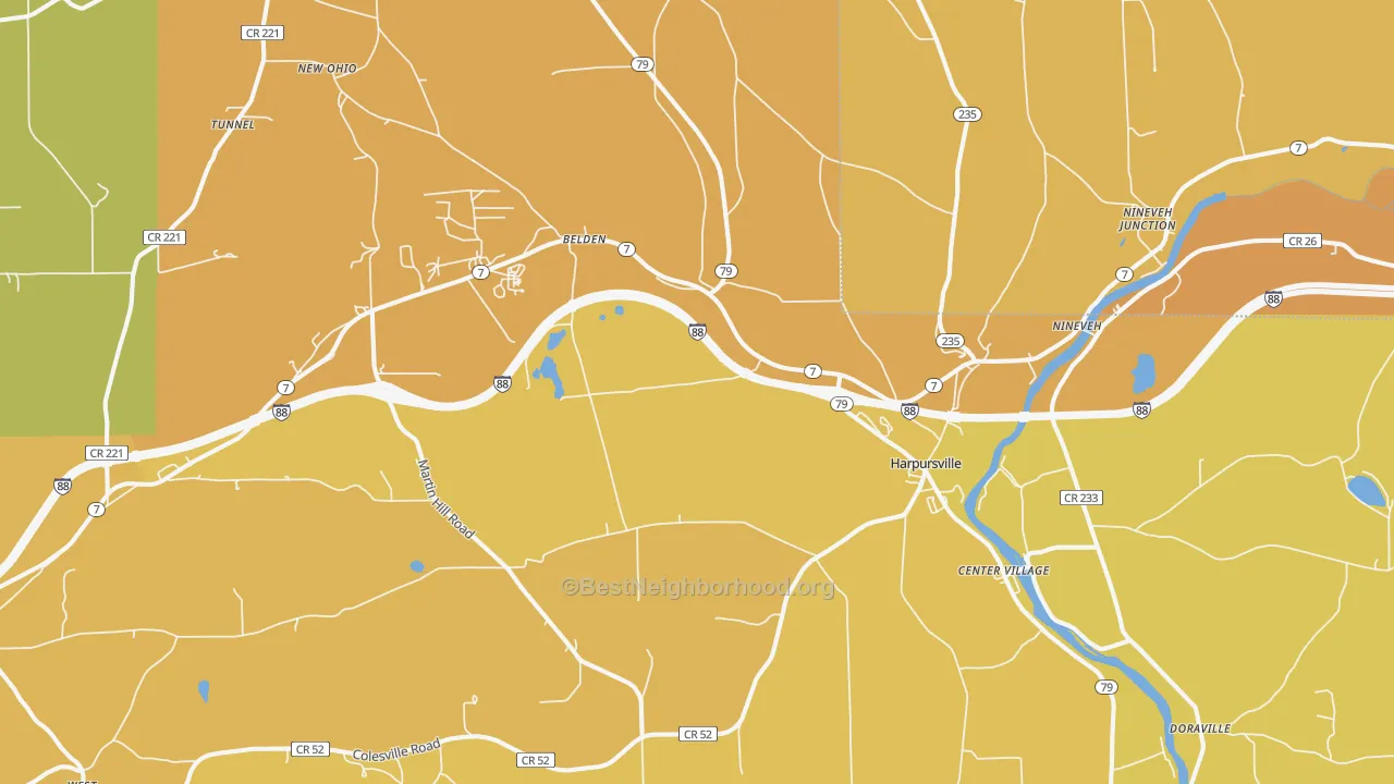 Map of the best neighborhoods in the Harpursville area, with better matches in green and worse matches in red