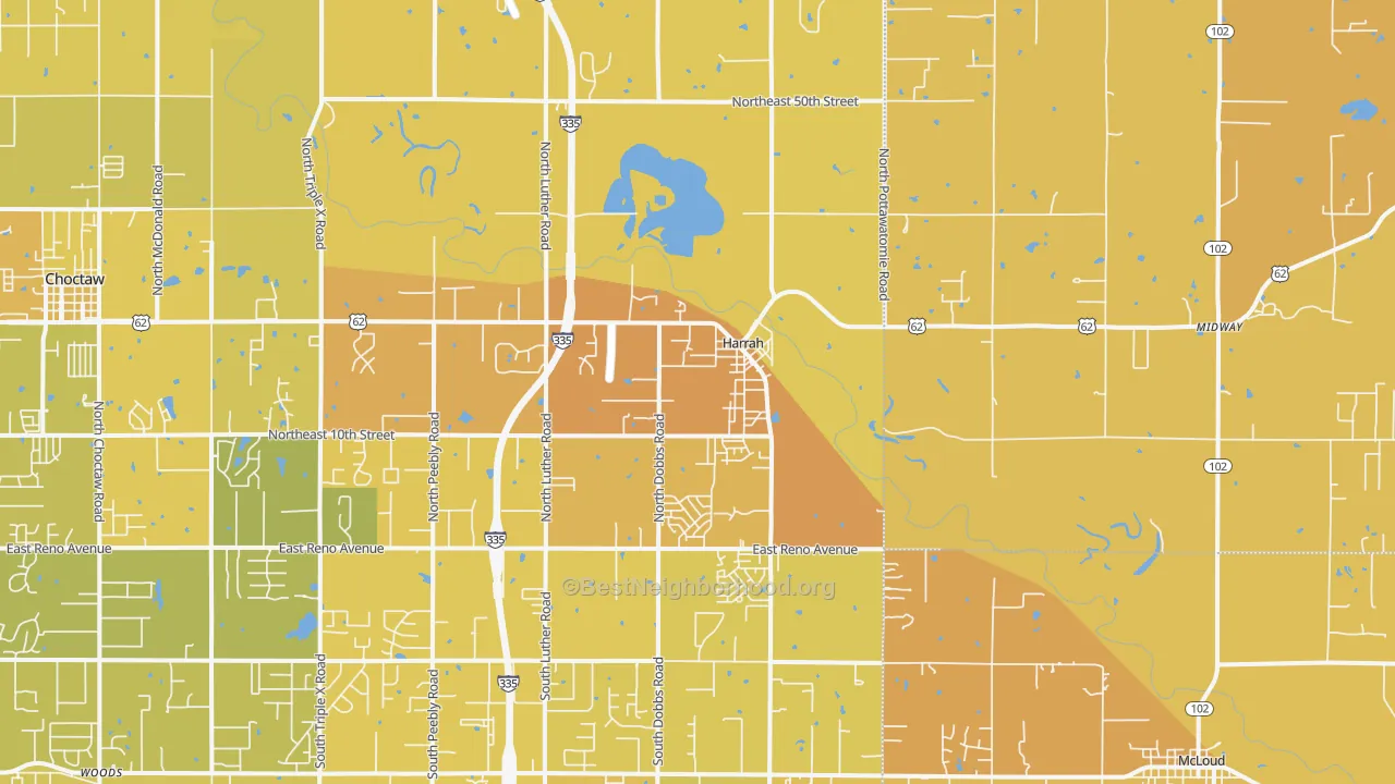 Map of the best neighborhoods in the Harrah area, with better matches in green and worse matches in red