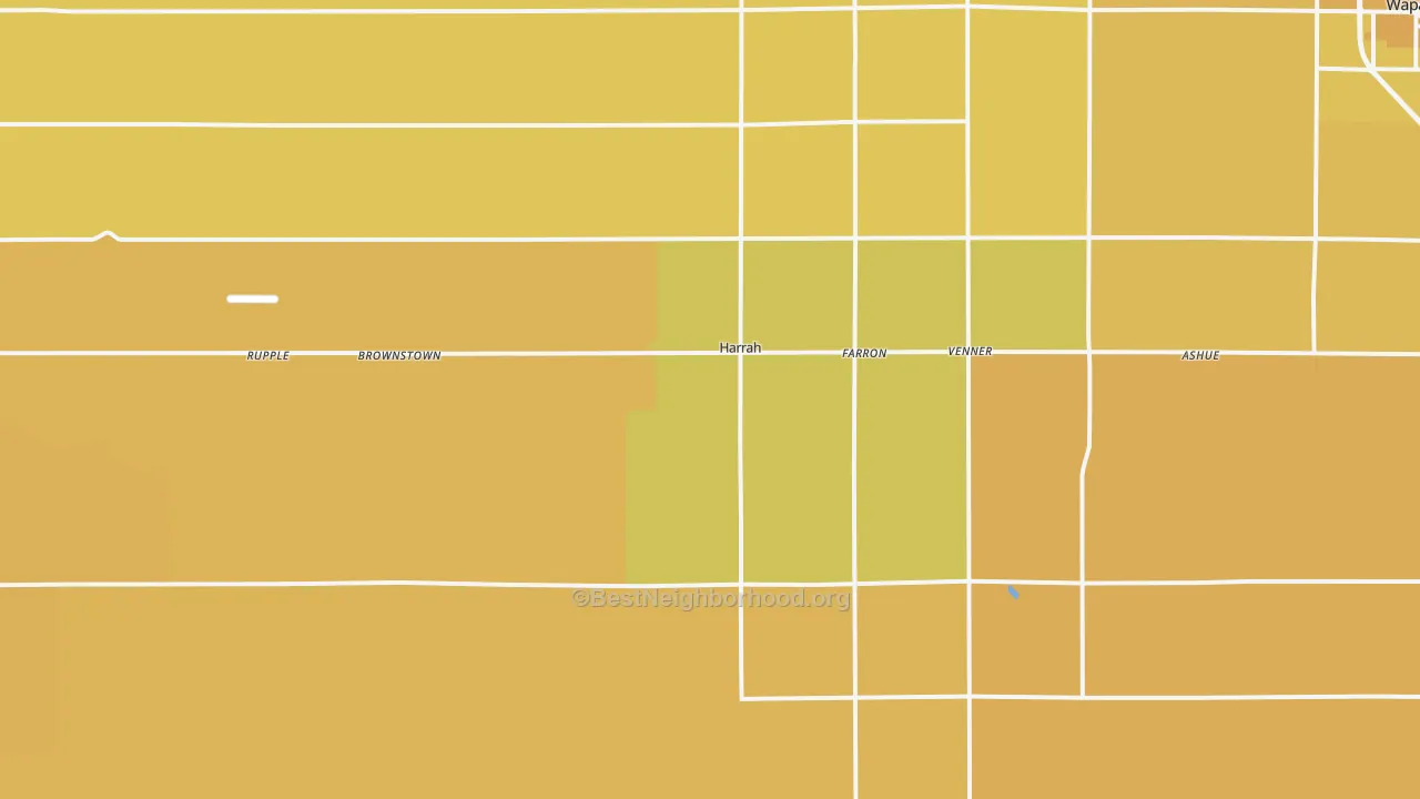 Map of the best neighborhoods in the Harrah area, with better matches in green and worse matches in red