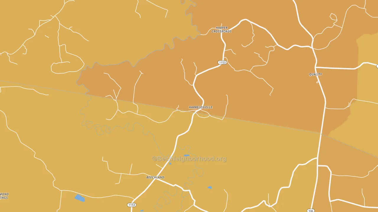 Map of the best neighborhoods in the Harreldsville area, with better matches in green and worse matches in red