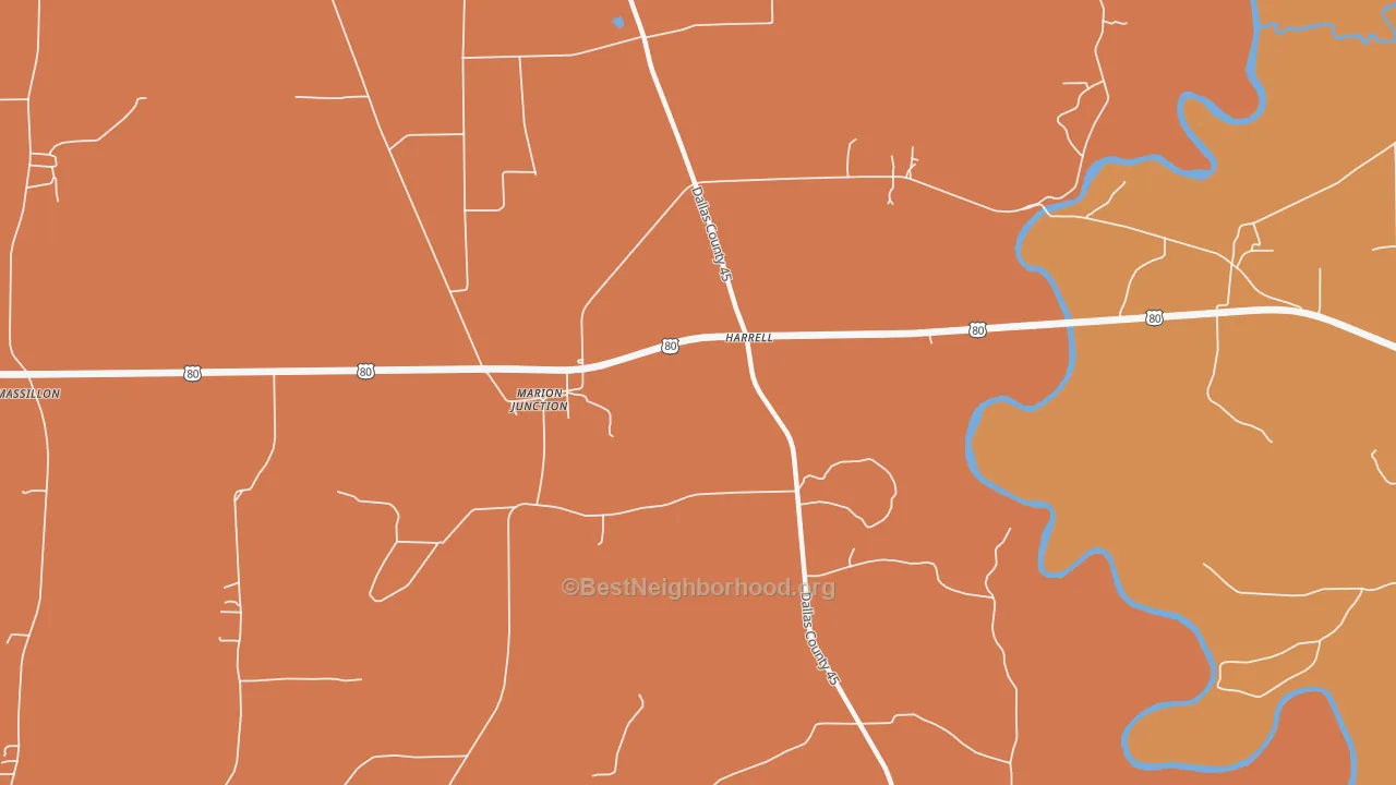 Map of the best neighborhoods in the Harrell area, with better matches in green and worse matches in red