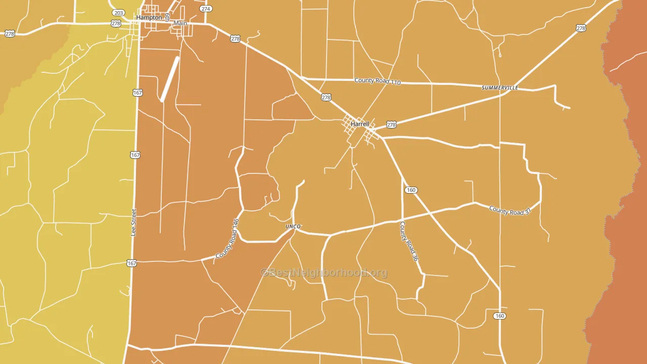 Map of the best neighborhoods in the Harrell area, with better matches in green and worse matches in red