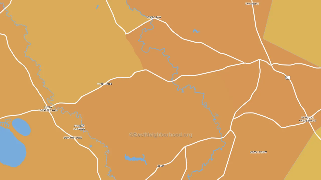 Map of the best neighborhoods in the Harrells area, with better matches in green and worse matches in red