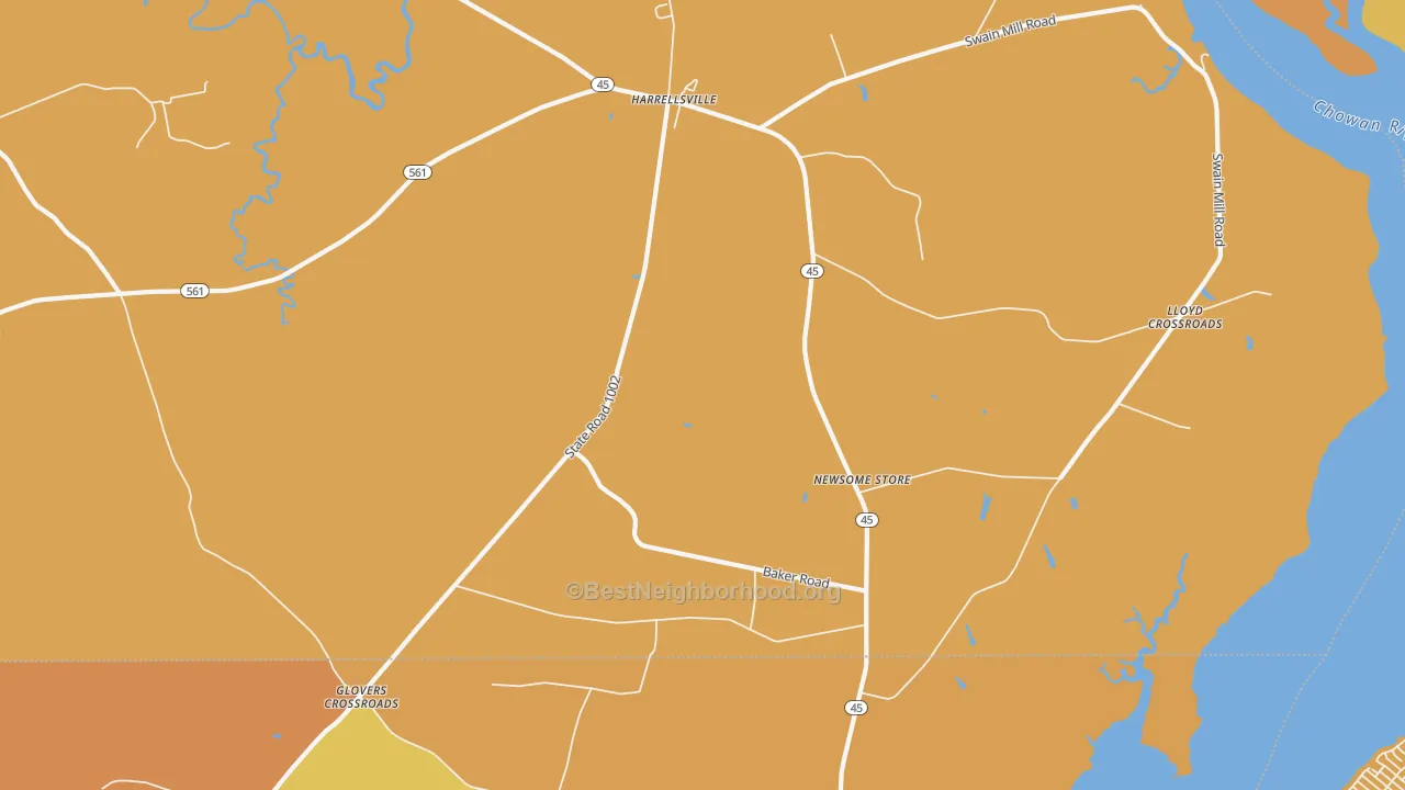 Map of the best neighborhoods in the Harrellsville area, with better matches in green and worse matches in red