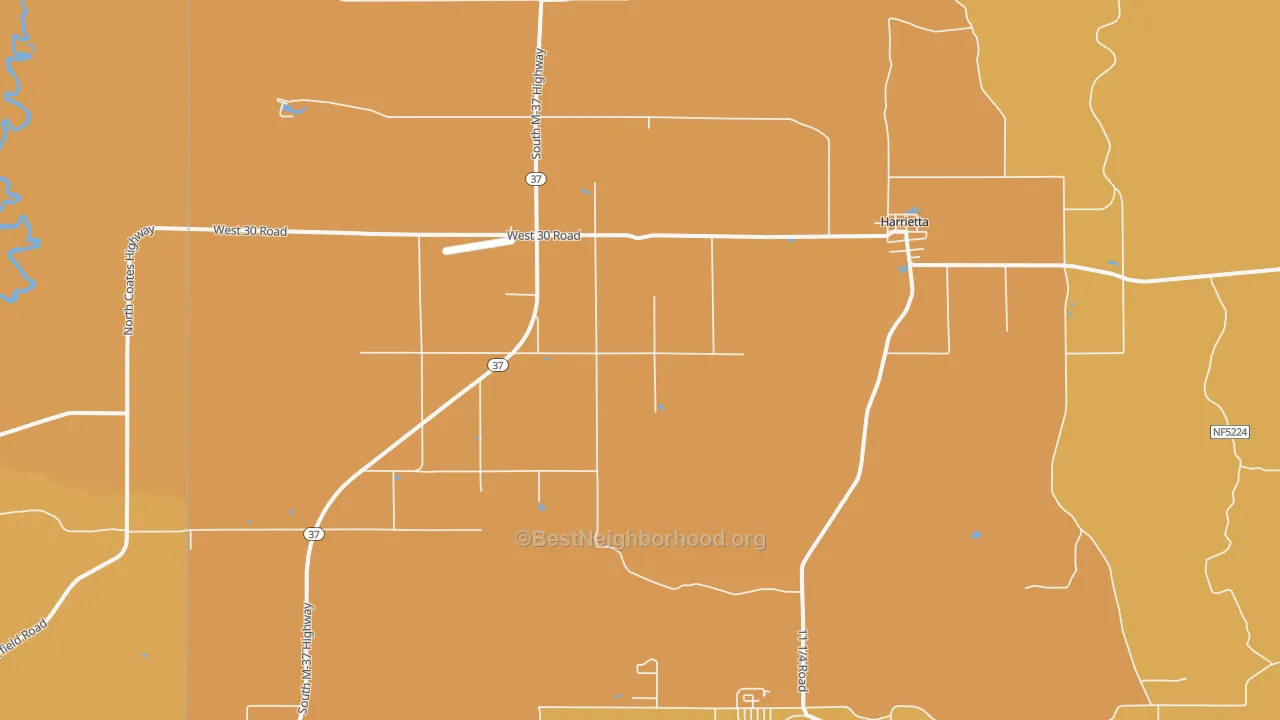 Map of the best neighborhoods in the Harrietta area, with better matches in green and worse matches in red