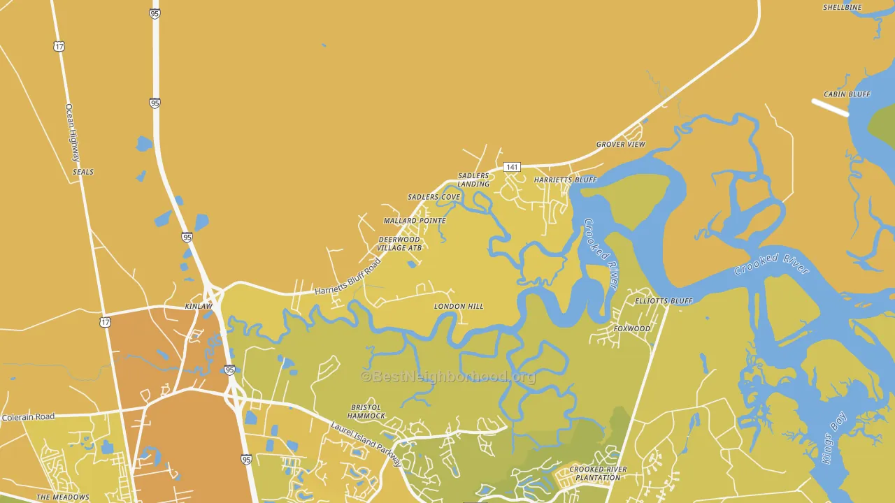 Map of the best neighborhoods in the Harrietts Bluff area, with better matches in green and worse matches in red