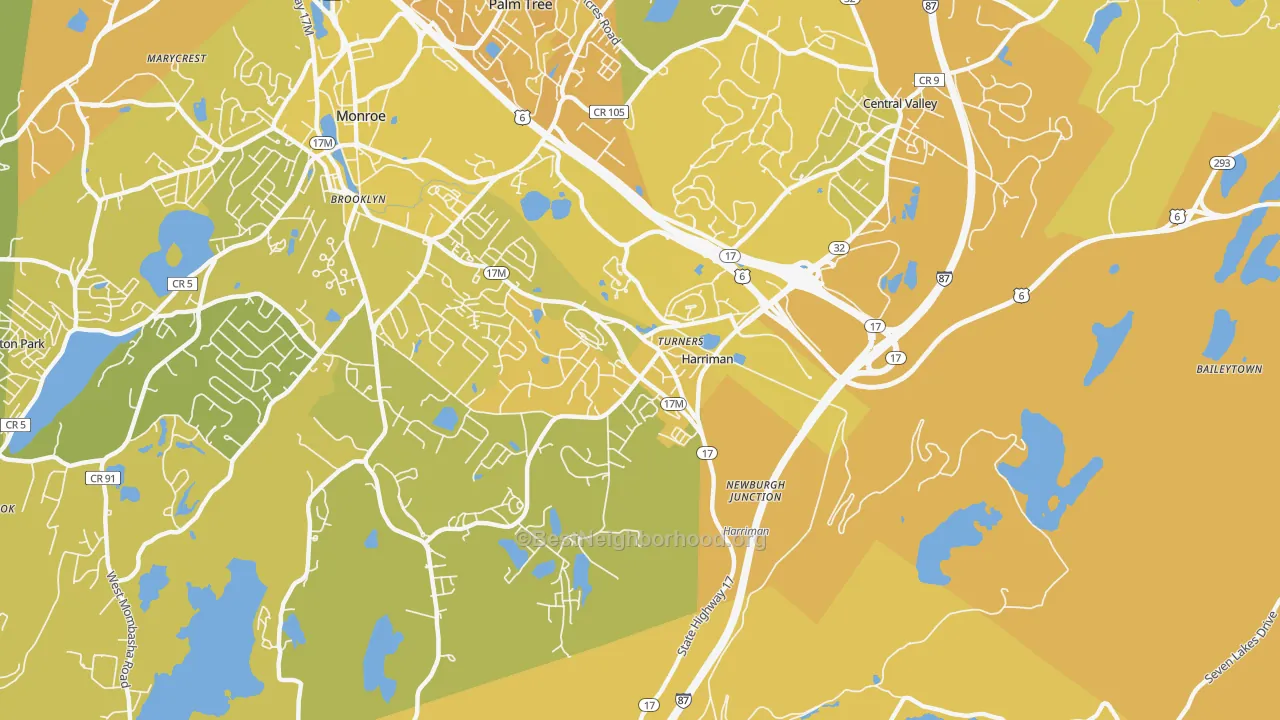 Map of the best neighborhoods in the Harriman area, with better matches in green and worse matches in red