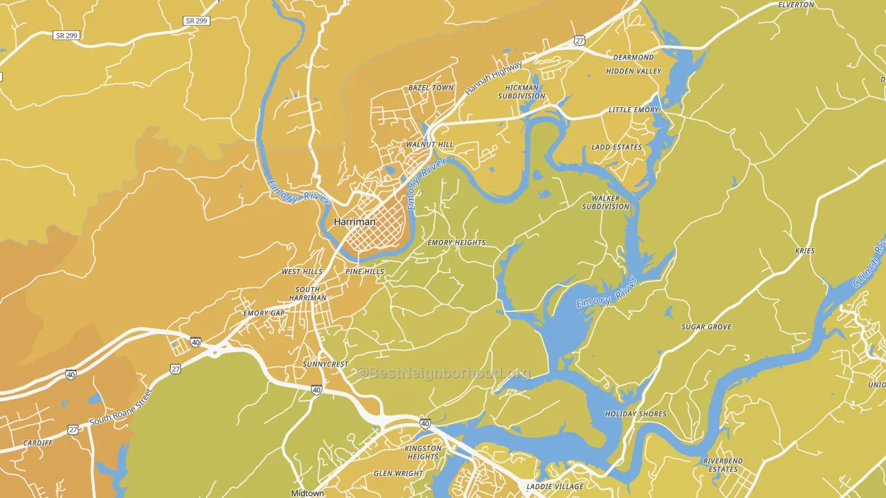 Map of the best neighborhoods in the Harriman area, with better matches in green and worse matches in red
