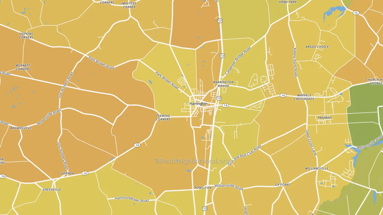 Map of the best neighborhoods in the Harrington area, with better matches in green and worse matches in red