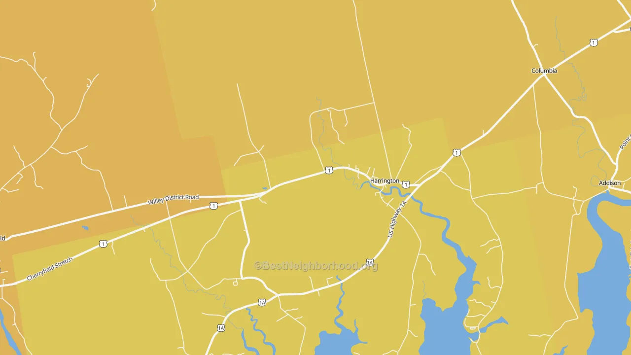 Map of the best neighborhoods in the Harrington area, with better matches in green and worse matches in red